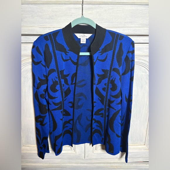 Ming Wang Sweaters - Ming Wang Blue Abstract Floral Open Cardigan Tailored Polished Elegant Luxury